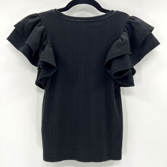 Zara Black Ruffle Sleeve Ribbed‎ Top Medium - Picture 3 of 4